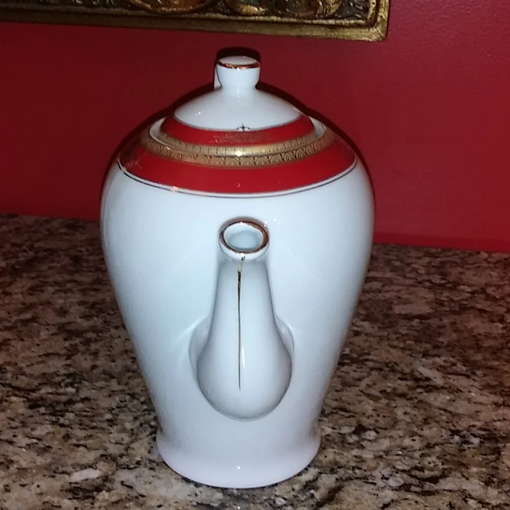 Elegant White Porcelain Teapot with Red and Gold Trim